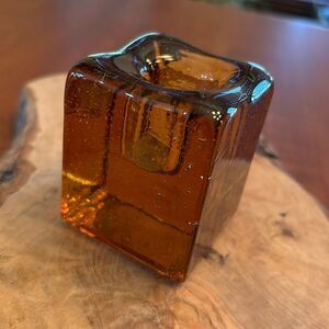 Blenko Ice Cube Amber Glass Candle Holder